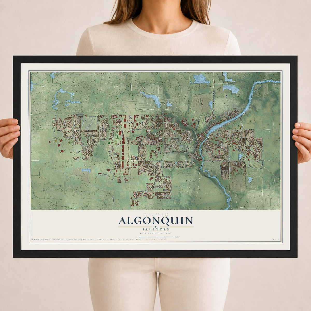 Map of Algonquin, Illinois, 18 x 24 inch print in a black wood frame