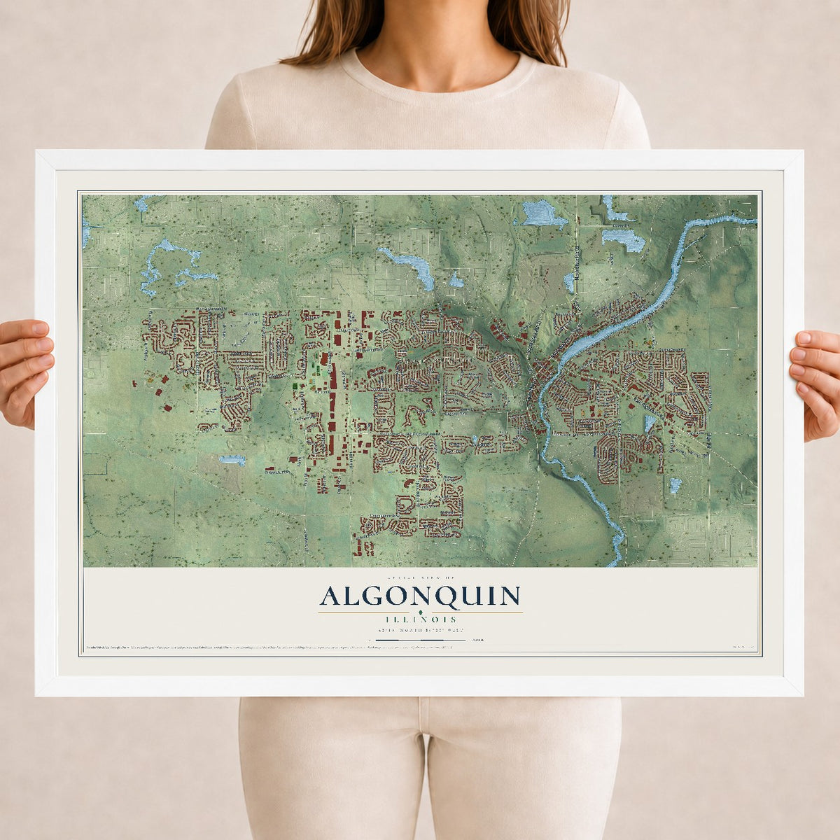 Map of Algonquin, Illinois, 18 x 24 inch print in a white wood frame
