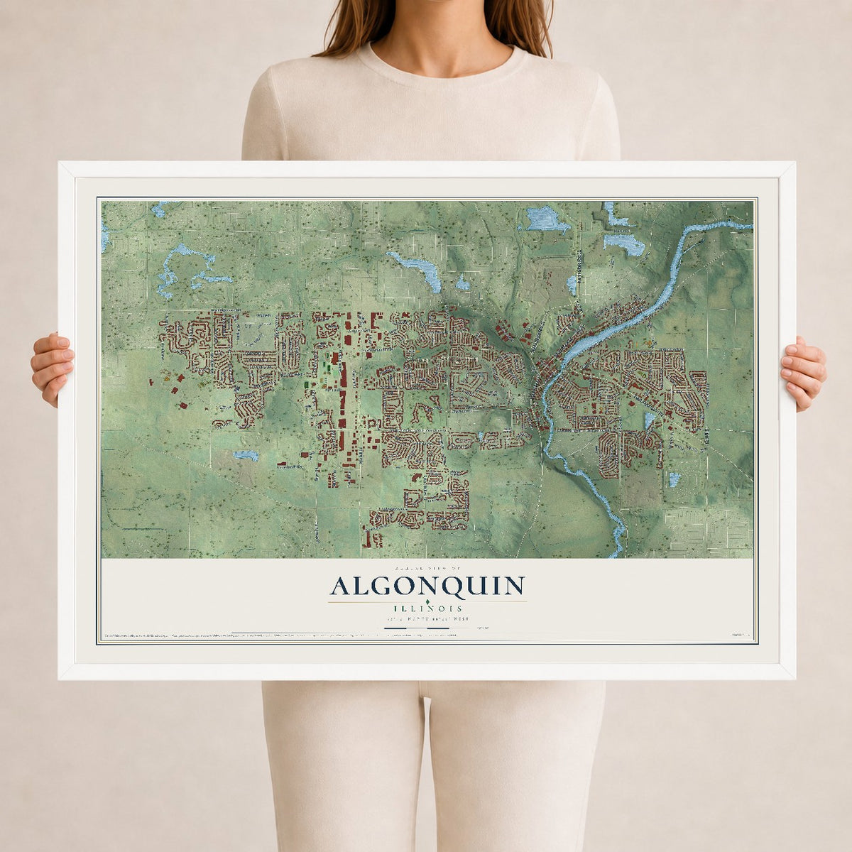 Map of Algonquin, Illinois, 24 x 36 inch print in a white wood frame