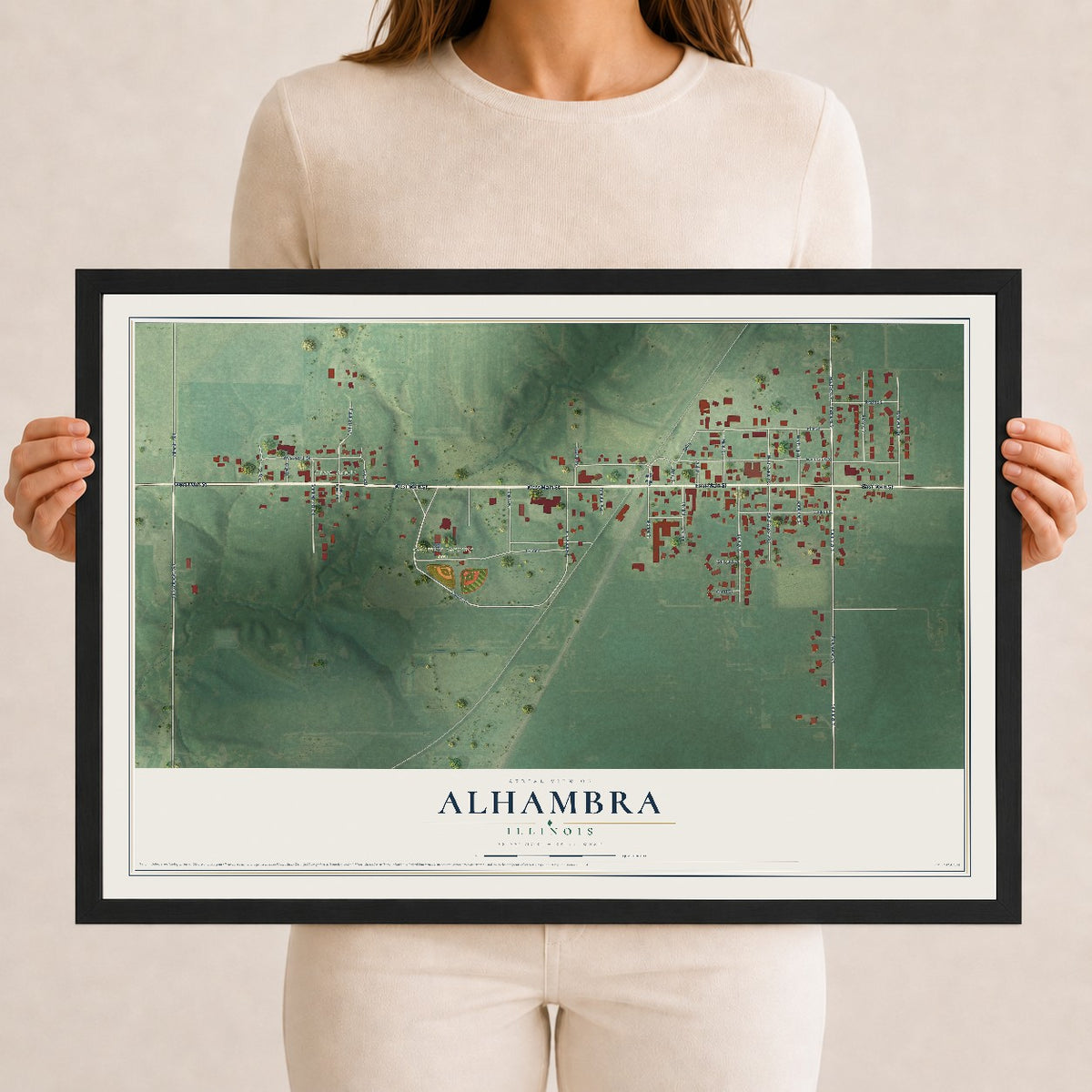 Map of Alhambra, Illinois, 12 x 18 inch print in a black wood frame