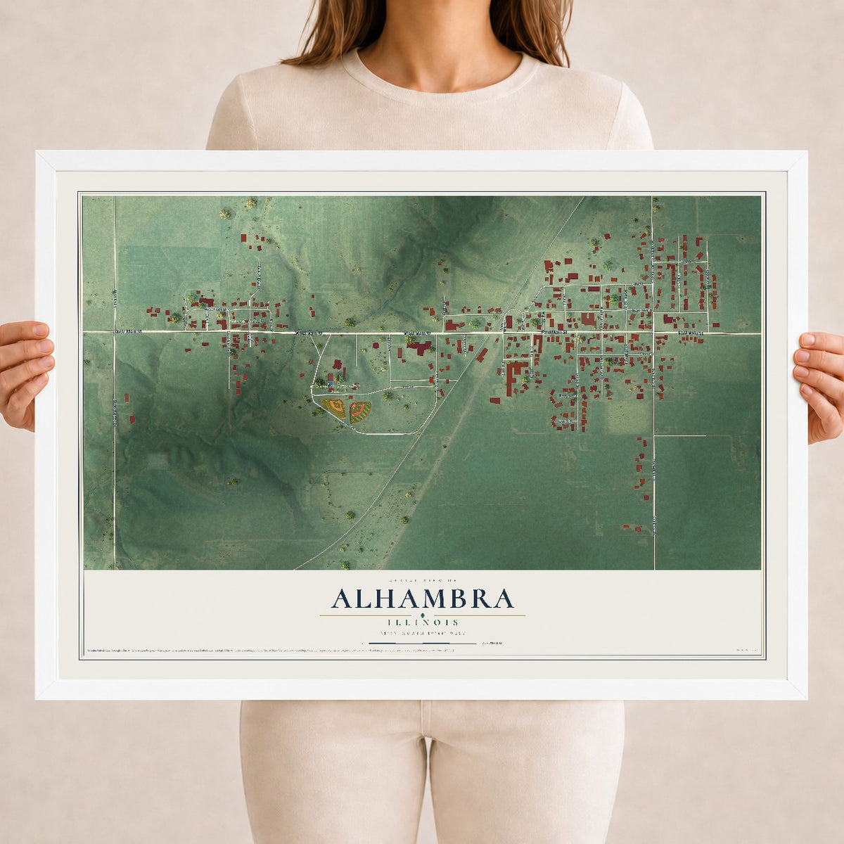 Map of Alhambra, Illinois, 18 x 24 inch print in a white wood frame