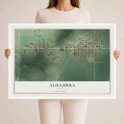 Map of Alhambra, Illinois, 24 x 36 inch print in a white wood frame