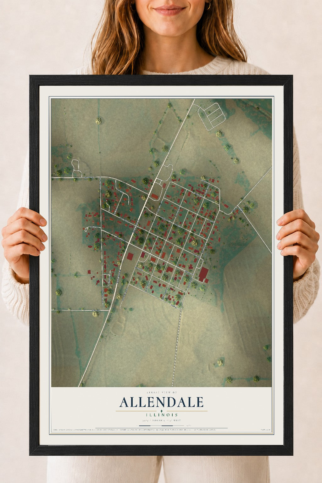 Map of Allendale, Illinois, 18 x 24 inch print in a black wood frame
