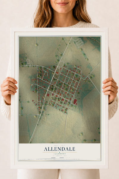 Map of Allendale, Illinois, 18 x 24 inch print in a white wood frame