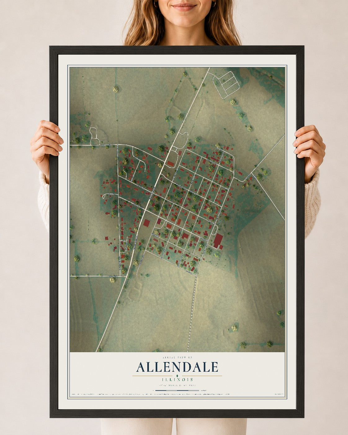 Map of Allendale, Illinois, 24 x 36 inch print in a black wood frame