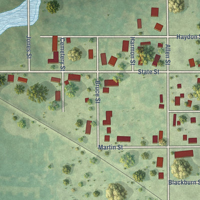 Close-up of the map of Allenville, Illinois print showing street and building detail