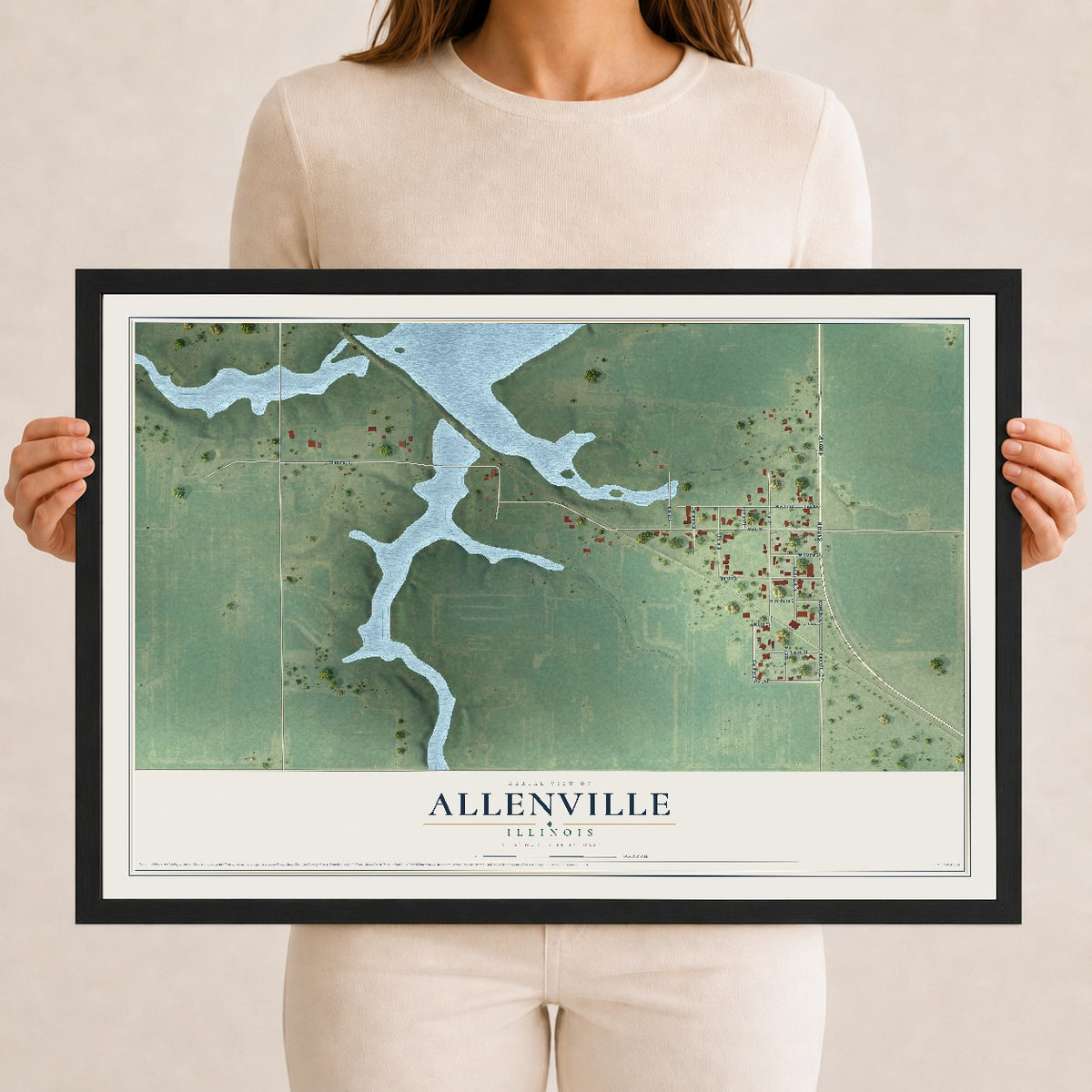 Map of Allenville, Illinois, 12 x 18 inch print in a black wood frame