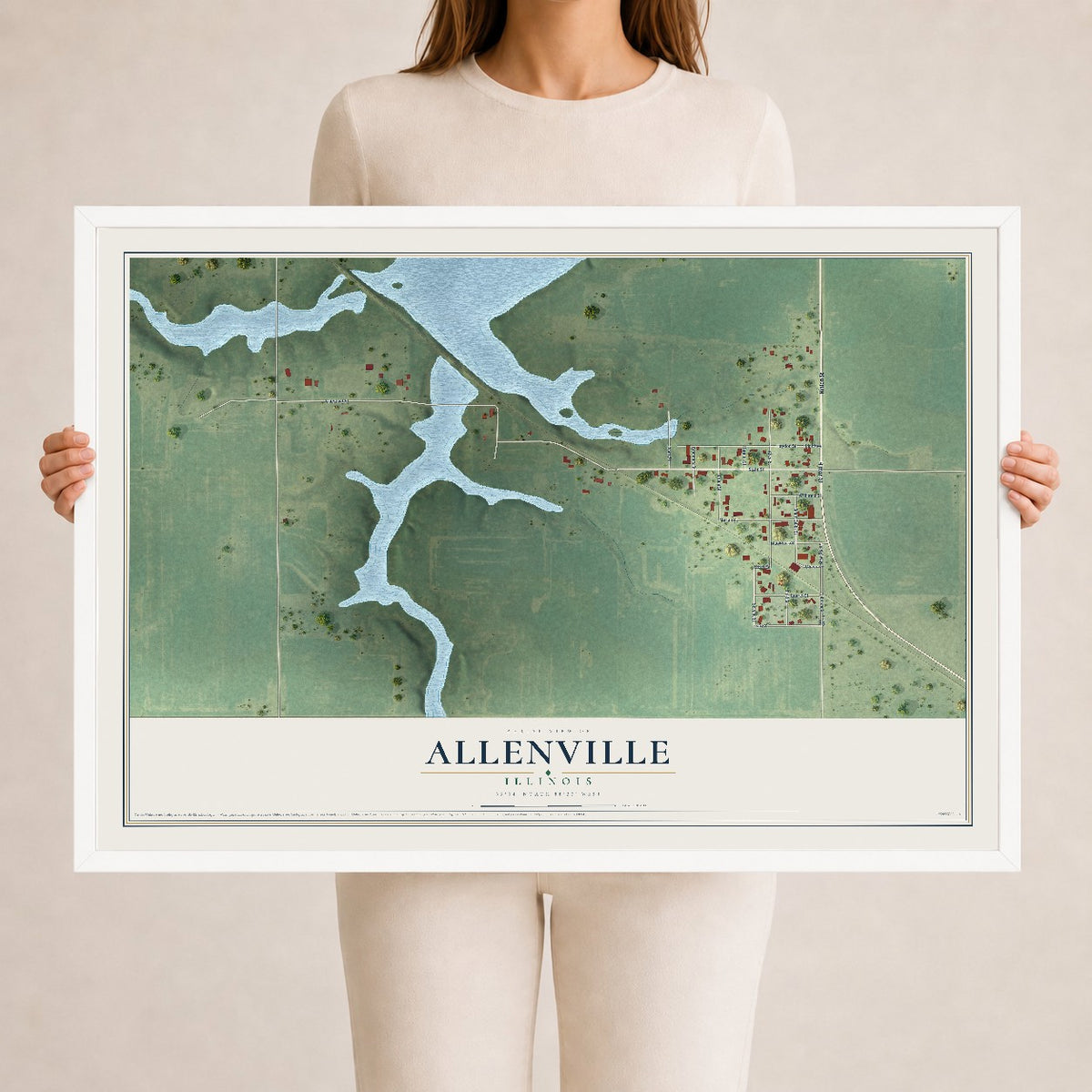 Map of Allenville, Illinois, 24 x 36 inch print in a white wood frame
