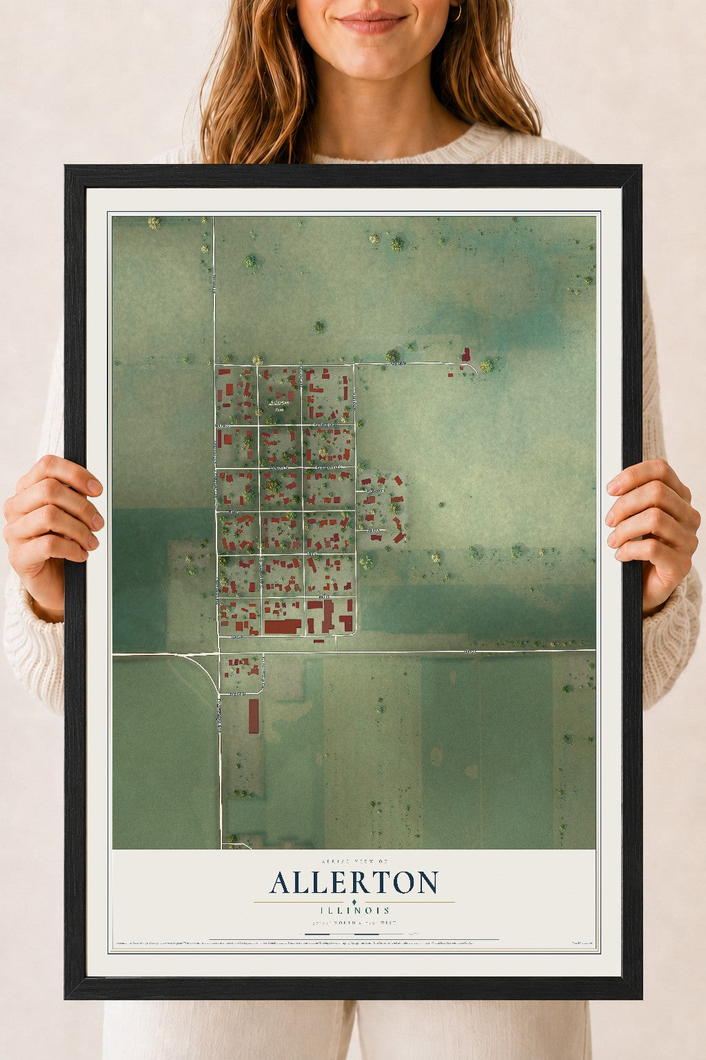 Map of Allerton, Illinois, 18 x 24 inch print in a black wood frame