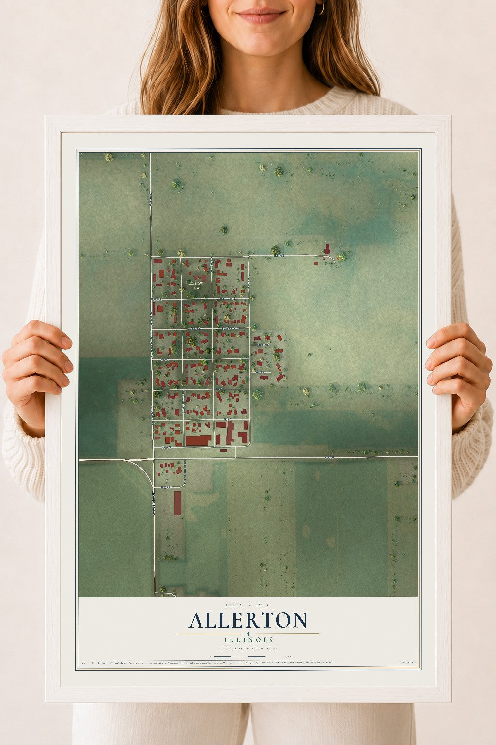 Map of Allerton, Illinois, 18 x 24 inch print in a white wood frame