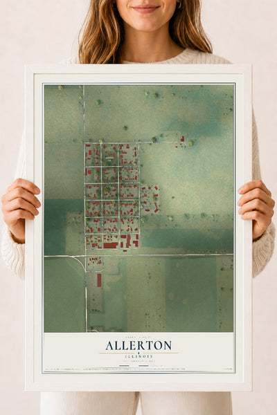 Map of Allerton, Illinois, 18 x 24 inch print in a white wood frame