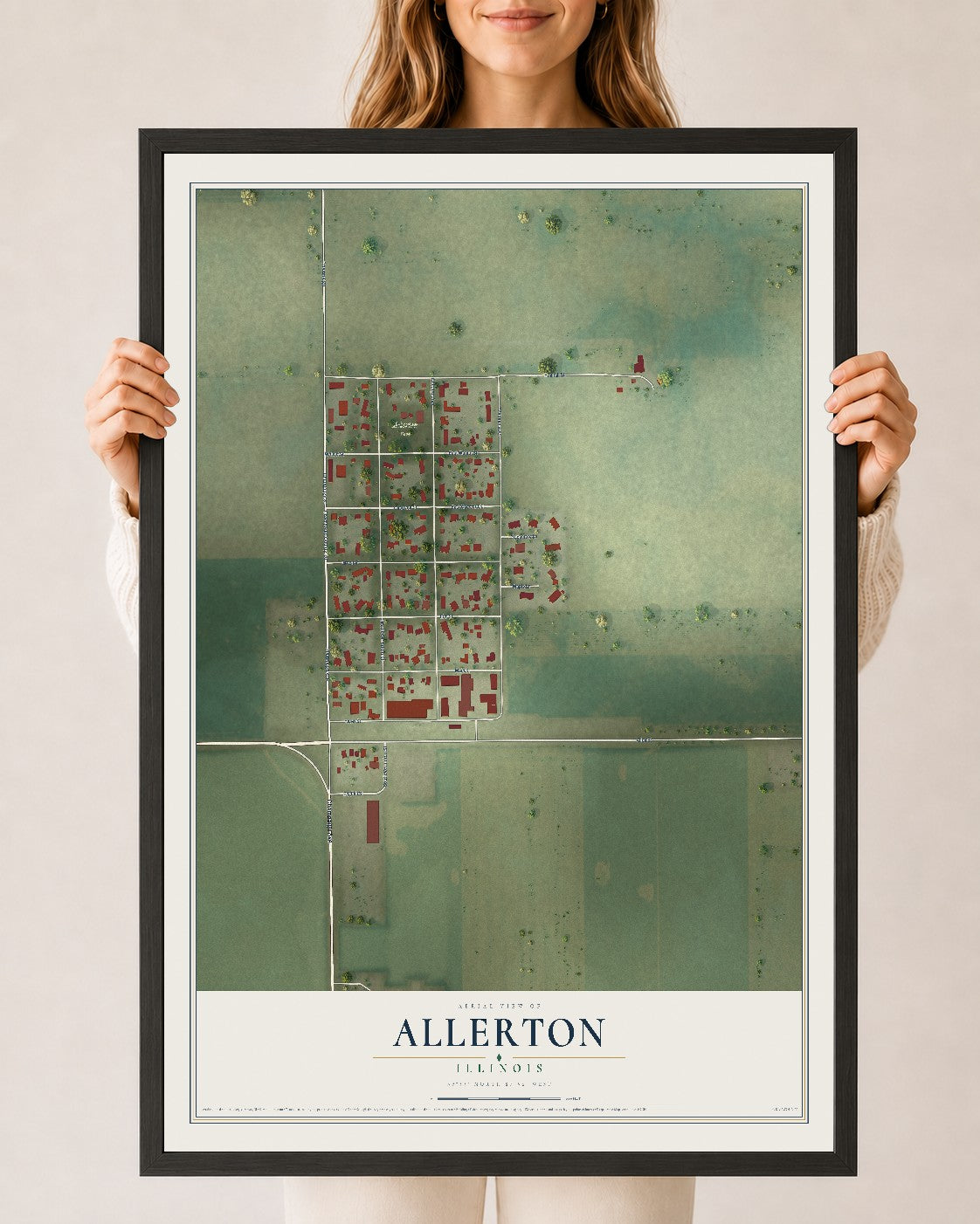 Map of Allerton, Illinois, 24 x 36 inch print in a black wood frame