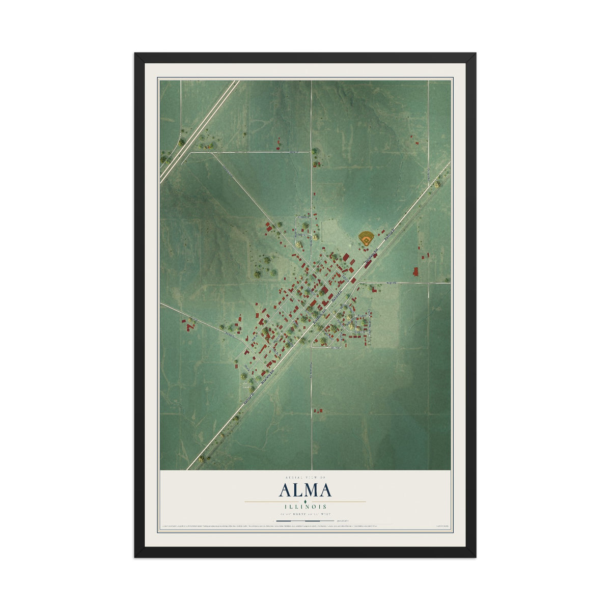 Map of Alma, Illinois, 12 x 18 inch print in a black wood frame