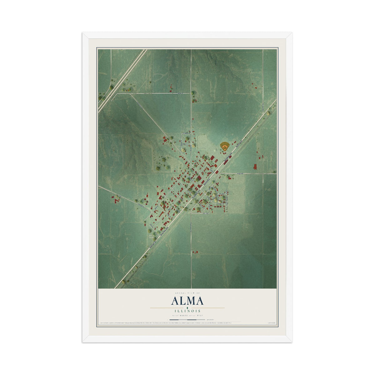 Map of Alma, Illinois, 12 x 18 inch print in a white wood frame