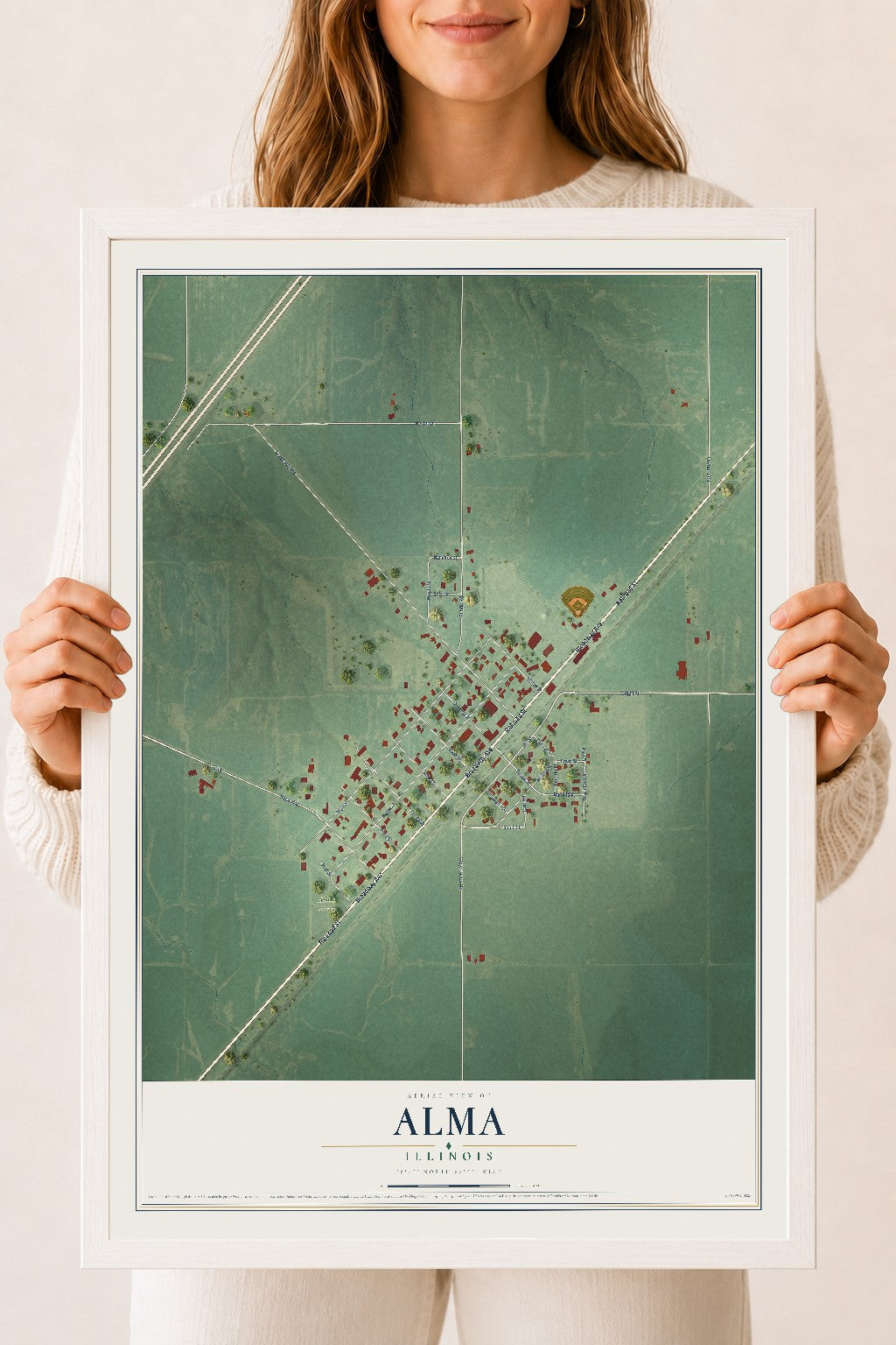 Map of Alma, Illinois, 18 x 24 inch print in a white wood frame