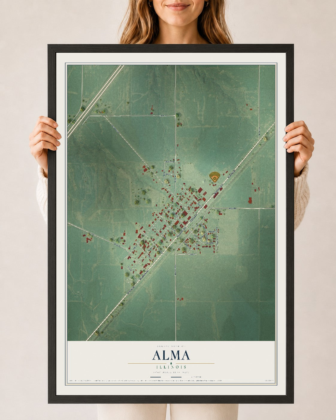 Map of Alma, Illinois, 24 x 36 inch print in a black wood frame