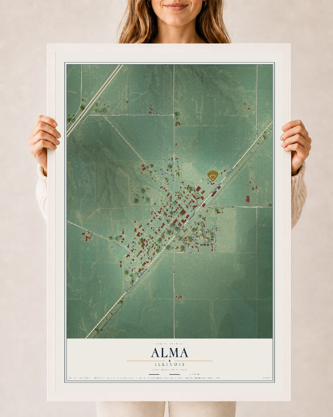 Map of Alma, Illinois, 24 x 36 inch print in a white wood frame