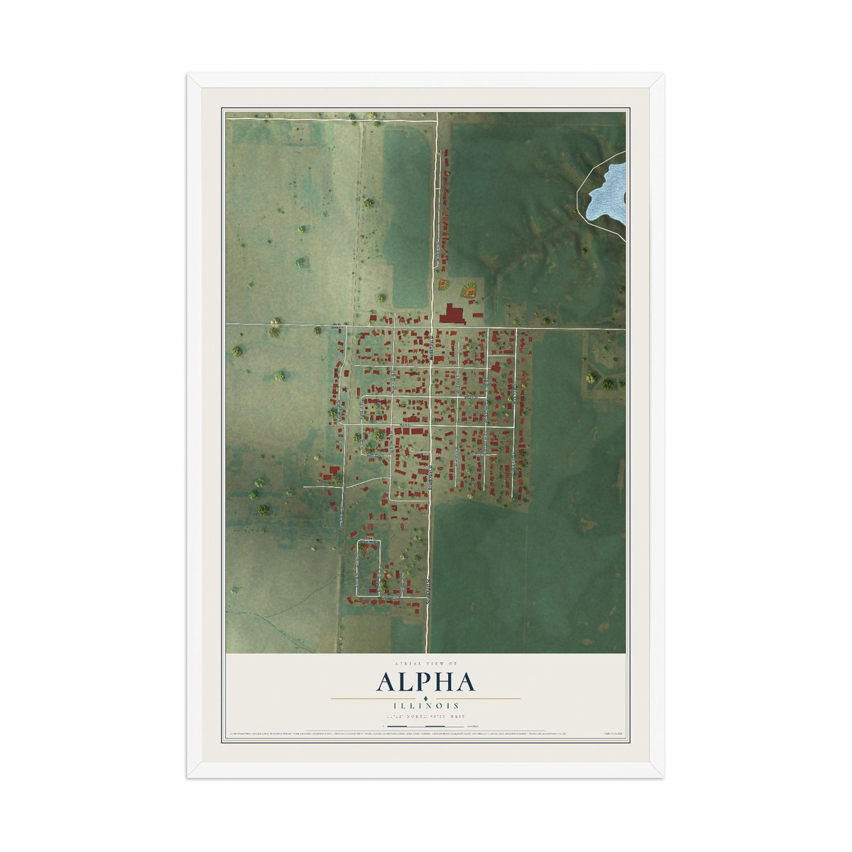 Map of Alpha, Illinois, 12 x 18 inch print in a white wood frame