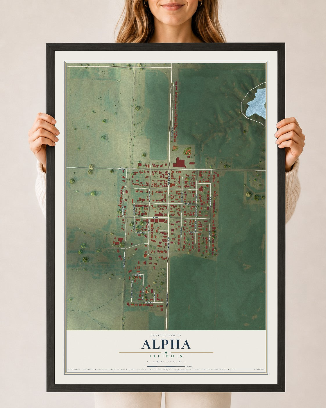 Map of Alpha, Illinois, 24 x 36 inch print in a black wood frame