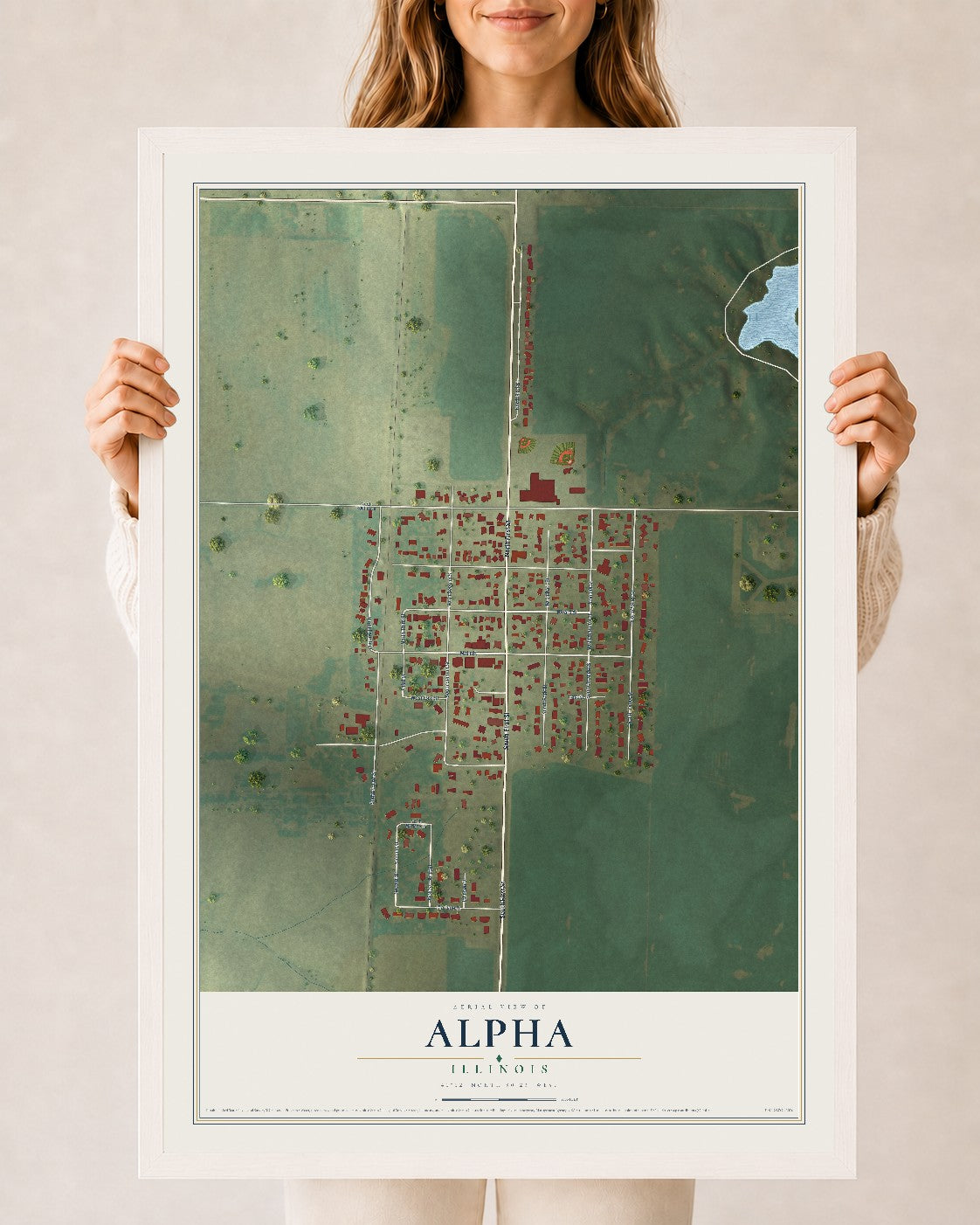 Map of Alpha, Illinois, 24 x 36 inch print in a white wood frame