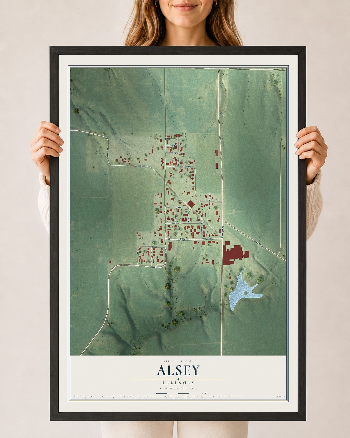 Map of Alsey, Illinois, 24 x 36 inch print in a black wood frame
