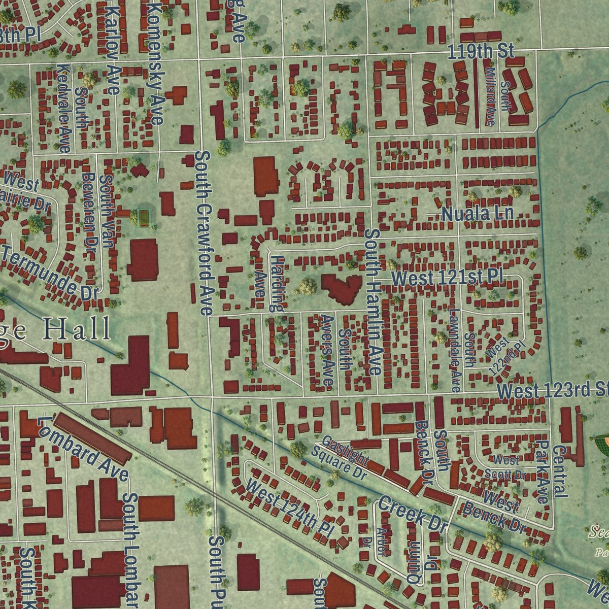 Close-up of the map of Alsip, Illinois print showing street and building detail