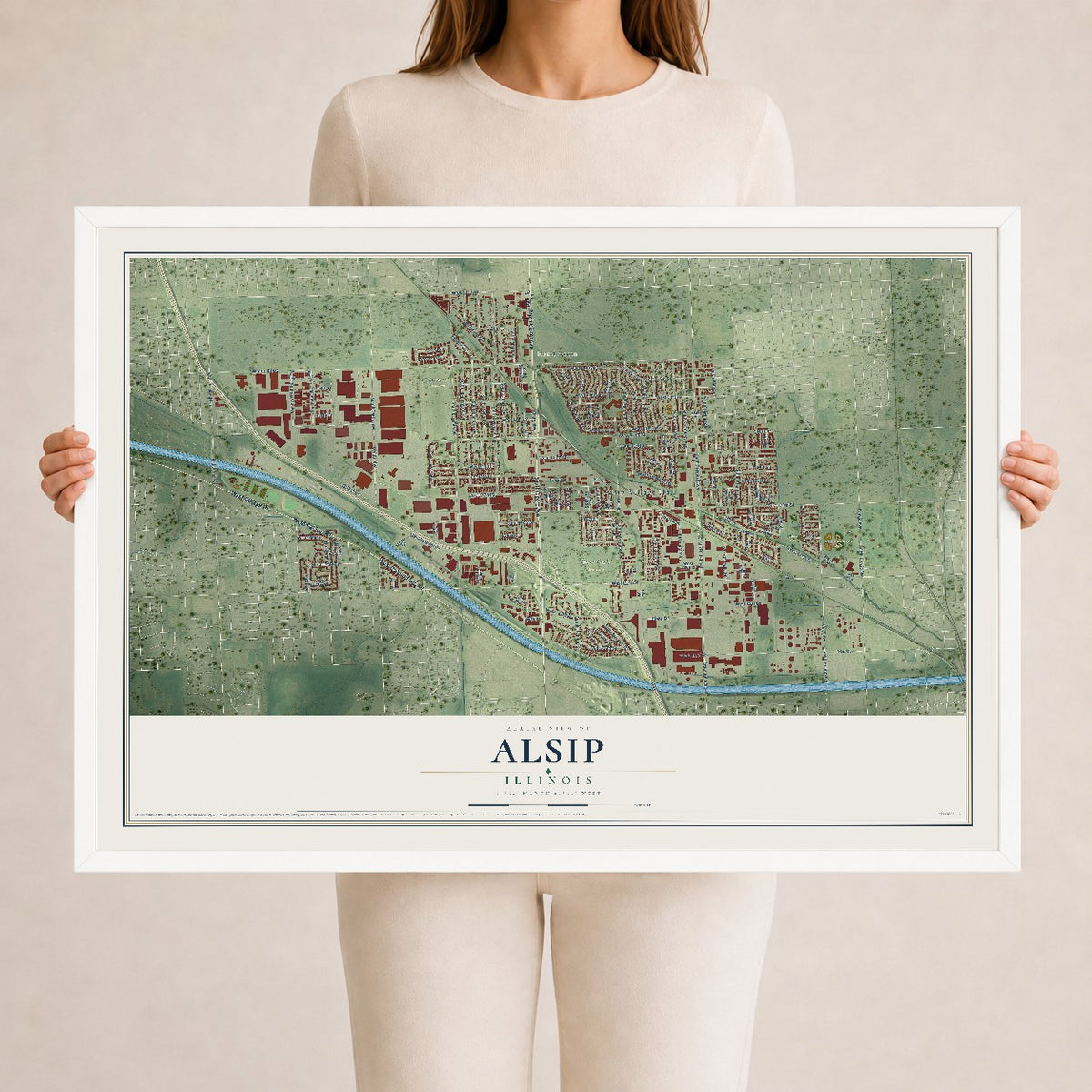 Map of Alsip, Illinois, 24 x 36 inch print in a white wood frame