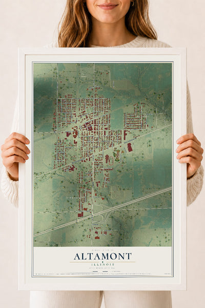Map of Altamont, Illinois, 18 x 24 inch print in a white wood frame