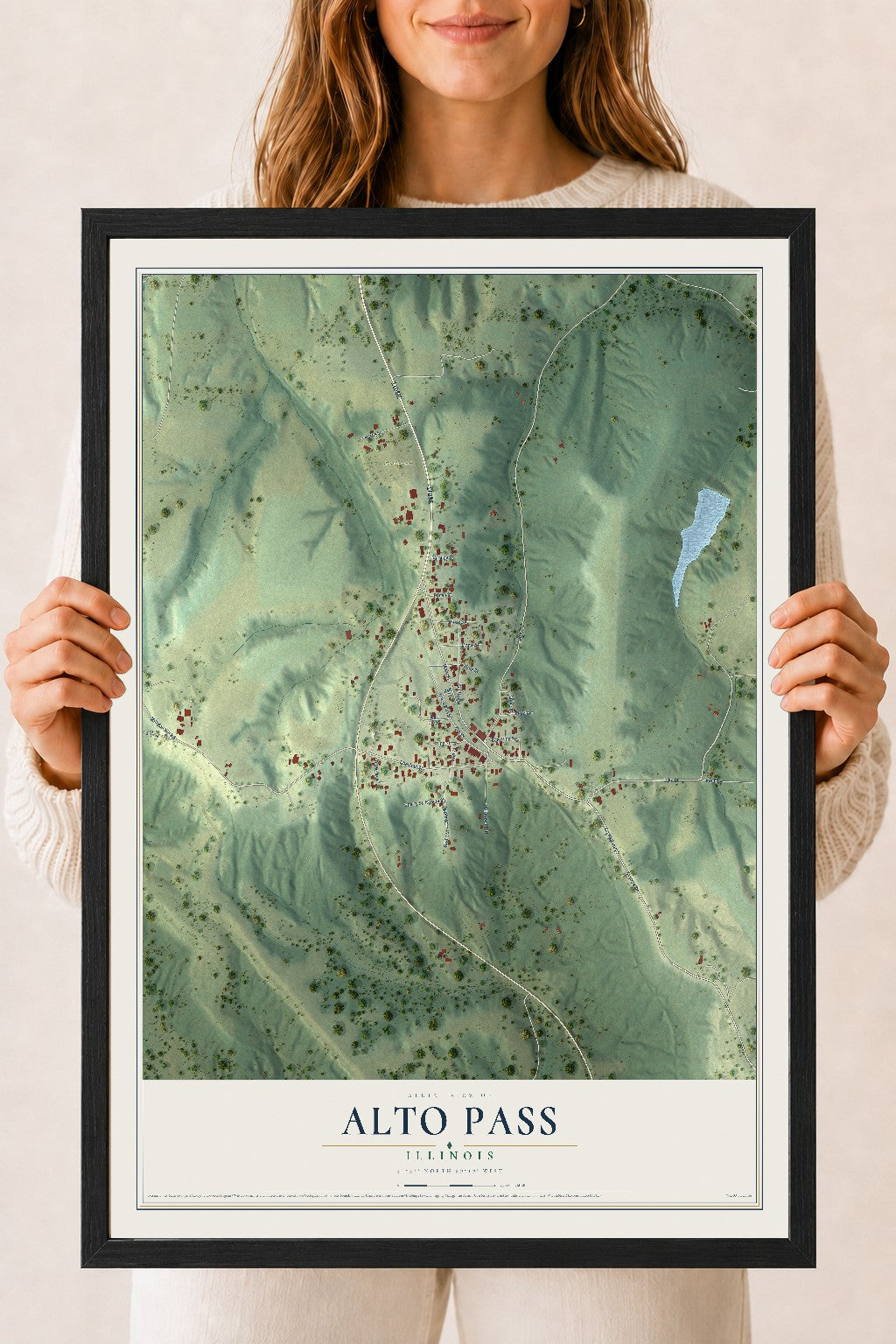 Map of Alto Pass, Illinois, 18 x 24 inch print in a black wood frame
