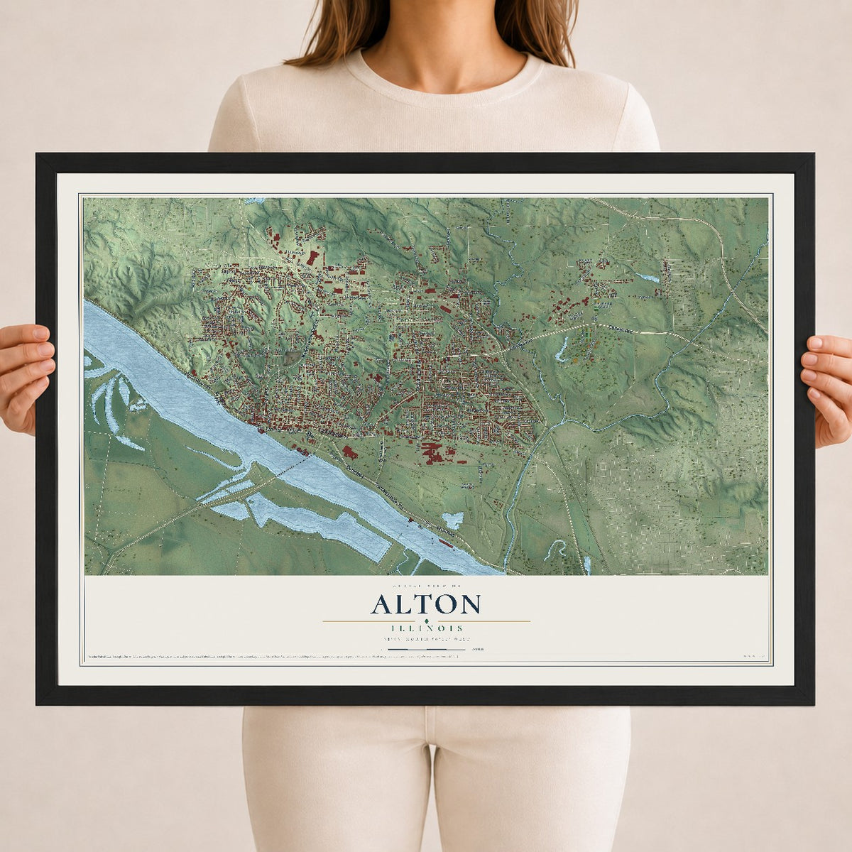 Map of Alton, Illinois, 18 x 24 inch print in a black wood frame
