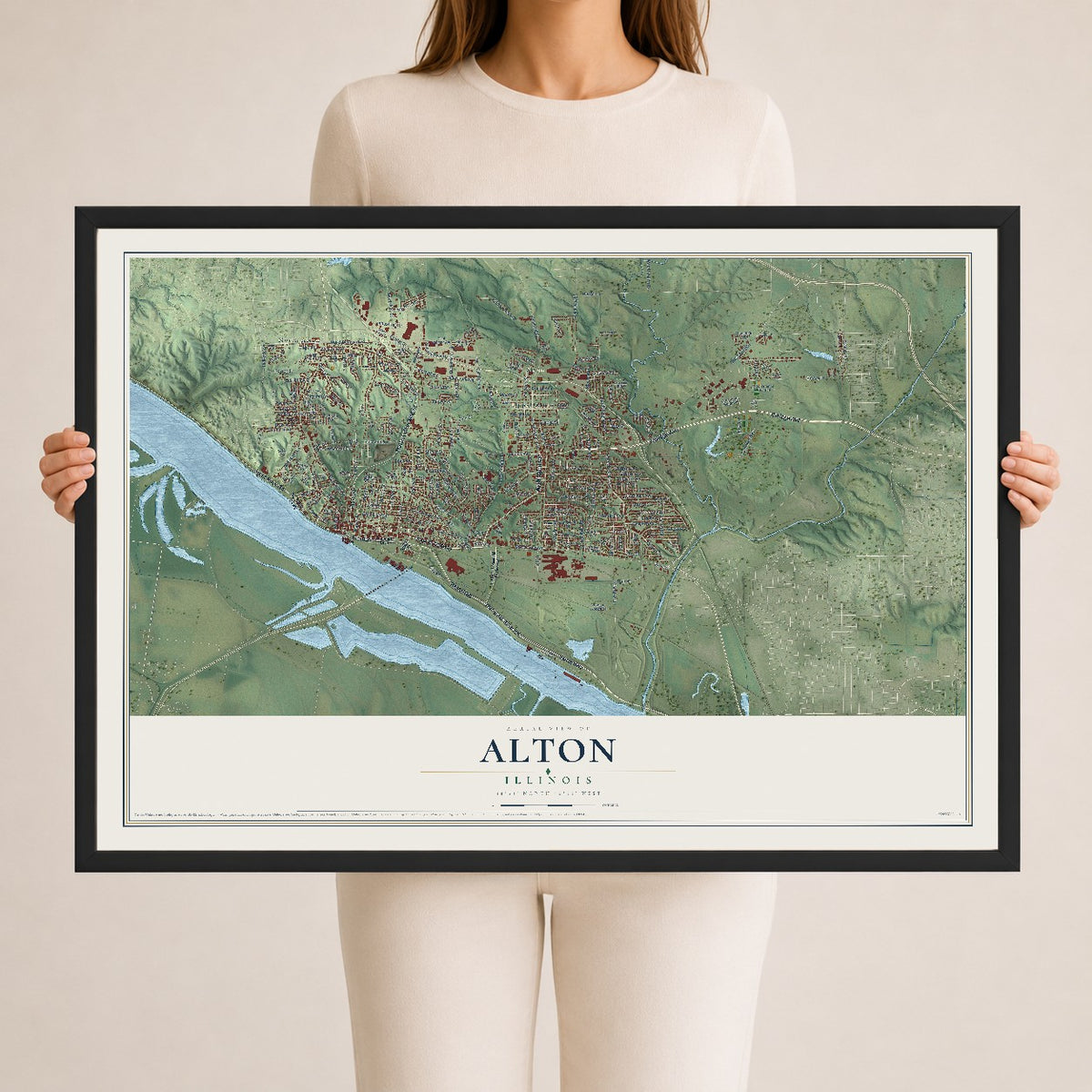 Map of Alton, Illinois, 24 x 36 inch print in a black wood frame