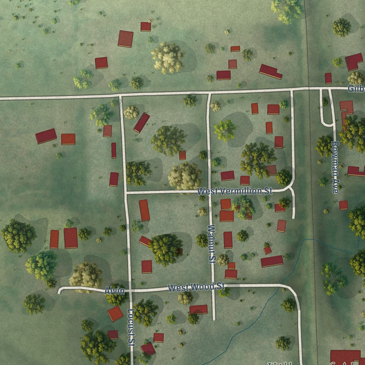 Close-up of the map of Alvan (Alvin), Illinois print showing street and building detail
