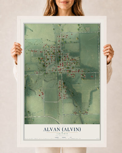 Map of Alvan (Alvin), Illinois, 24 x 36 inch print in a white wood frame