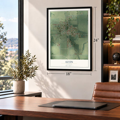 Alvin, Illinois map, 18 x 24 inch print in a black frame in a home office