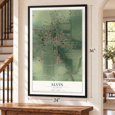 Alvin, Illinois map, 24 x 36 inch print in a black frame by a staircase