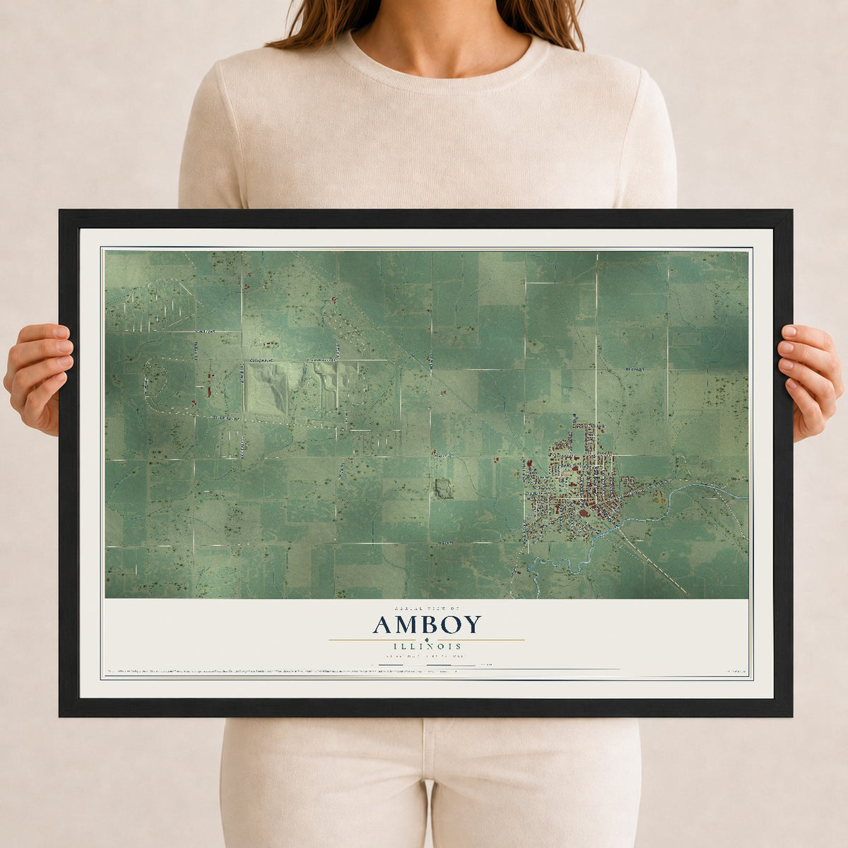 Map of Amboy, Illinois, 12 x 18 inch print in a black wood frame