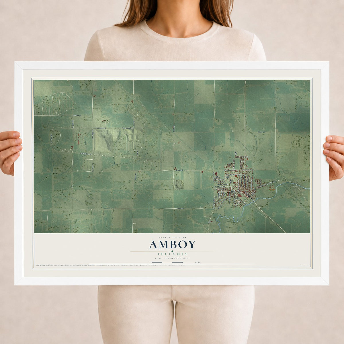 Map of Amboy, Illinois, 18 x 24 inch print in a white wood frame
