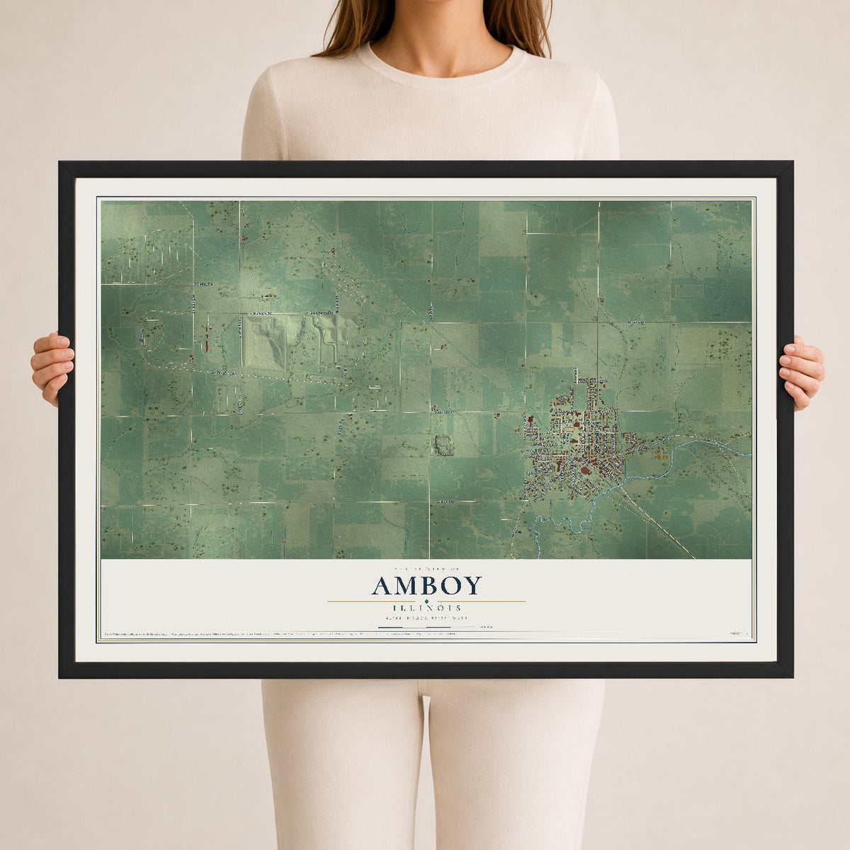 Map of Amboy, Illinois, 24 x 36 inch print in a black wood frame