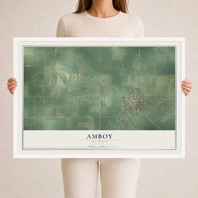 Map of Amboy, Illinois, 24 x 36 inch print in a white wood frame