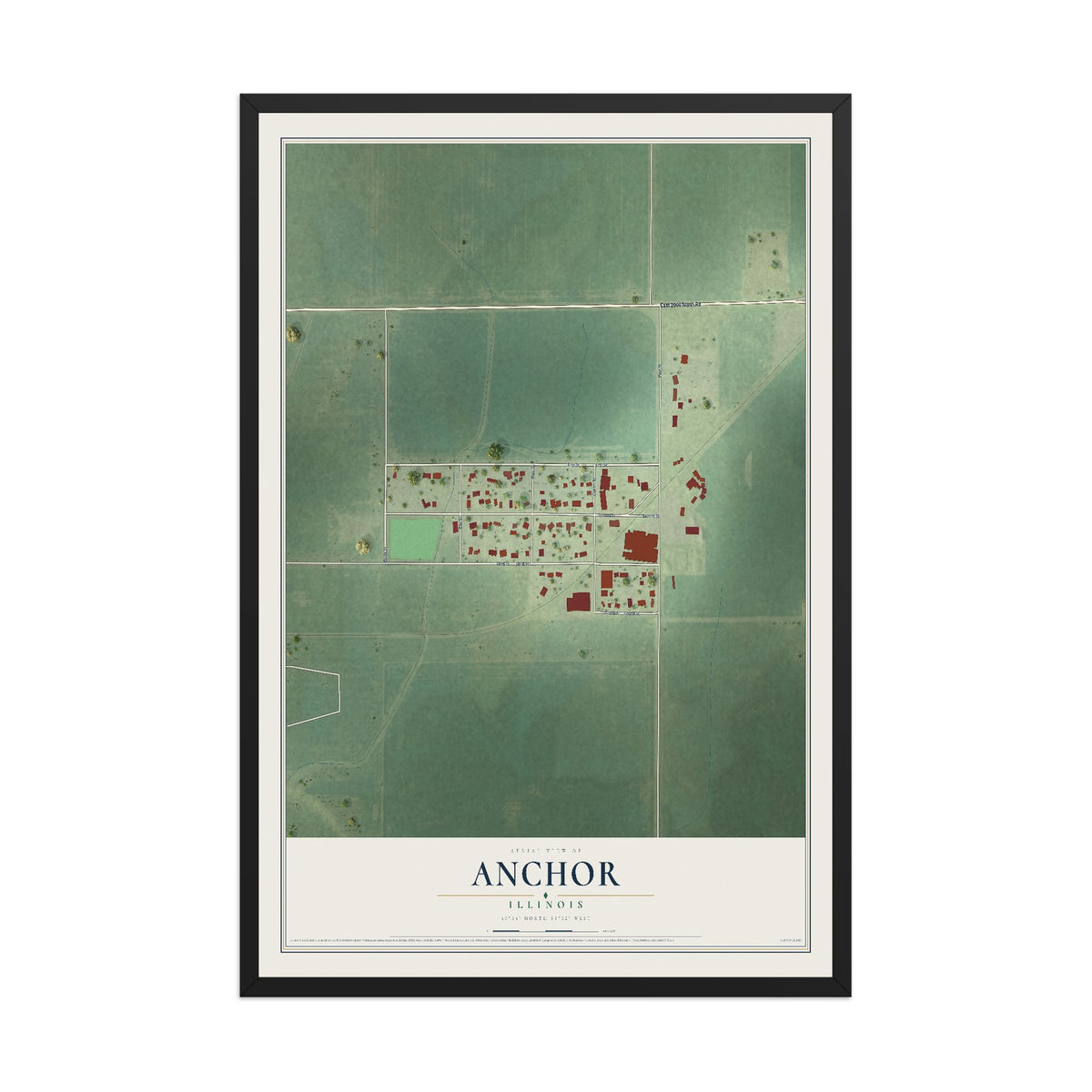 Map of Anchor, Illinois, 12 x 18 inch print in a black wood frame
