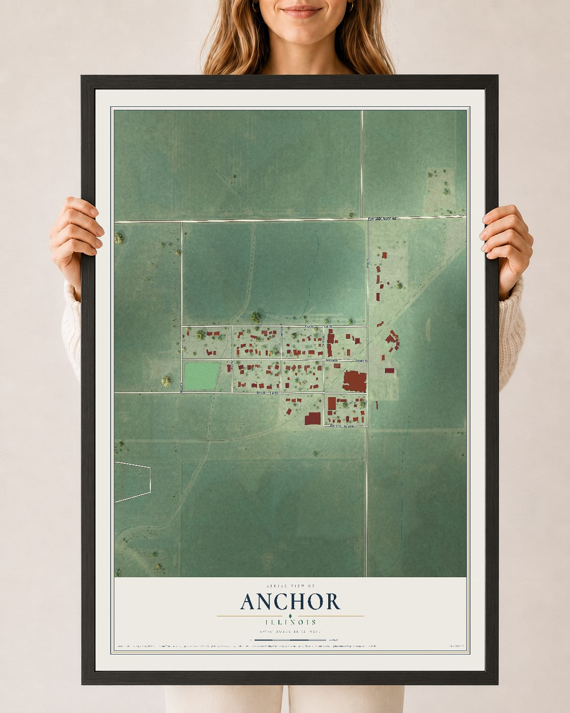 Map of Anchor, Illinois, 24 x 36 inch print in a black wood frame