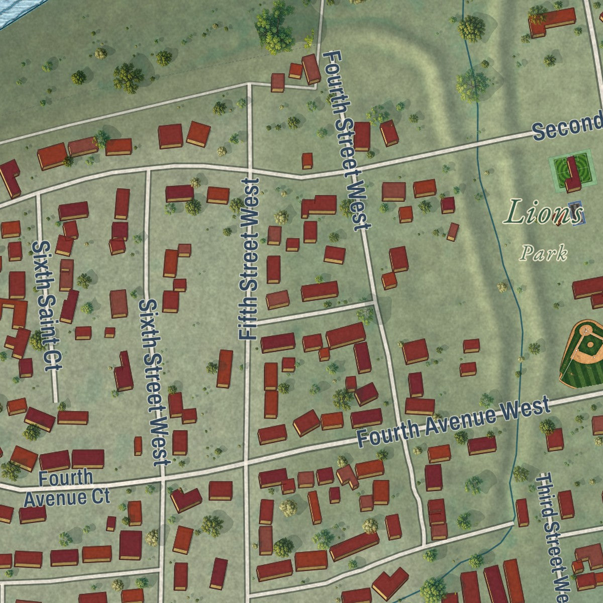 Close-up of the map of Andalusia, Illinois print showing street and building detail