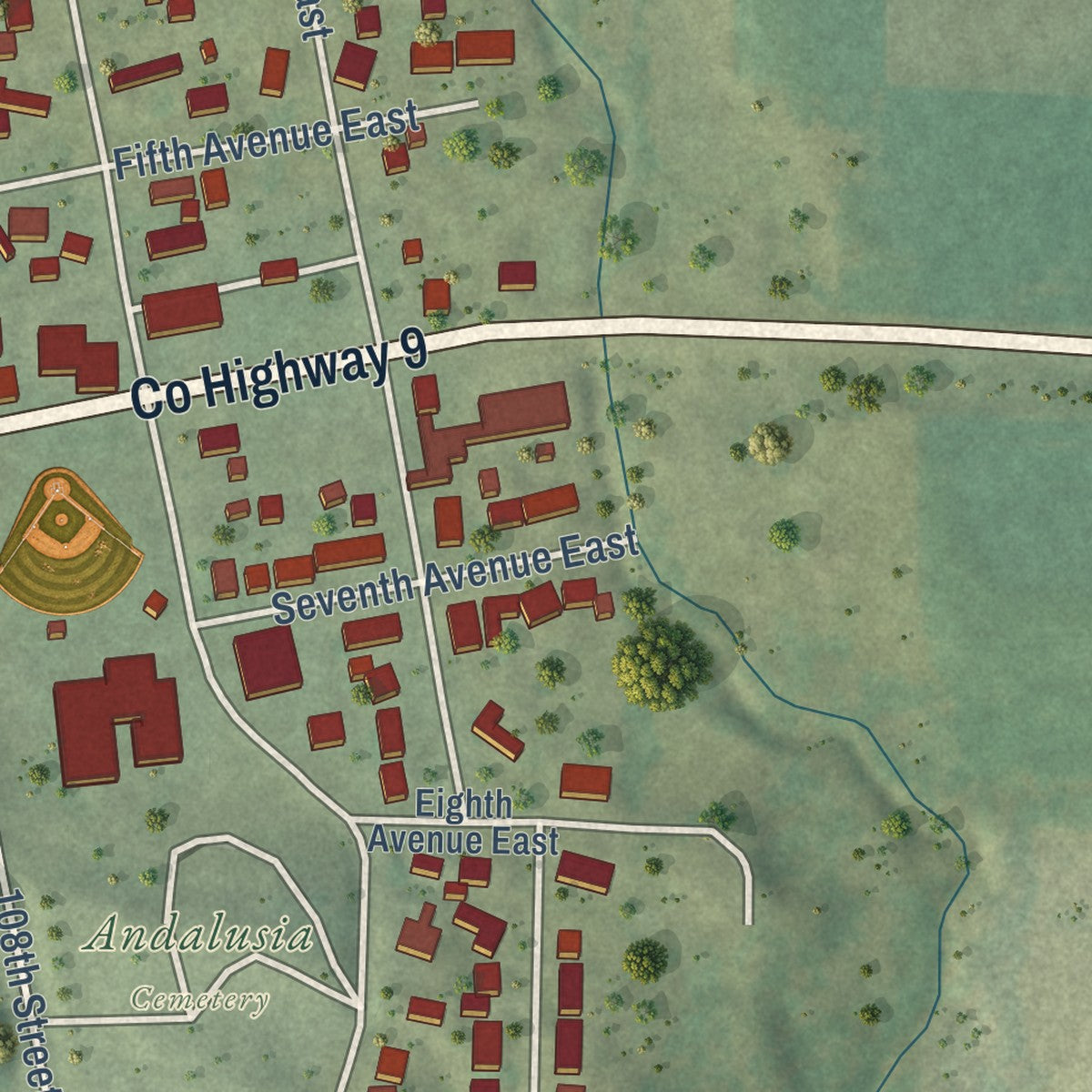 Second close-up of the map of Andalusia, Illinois print showing more streets and buildings