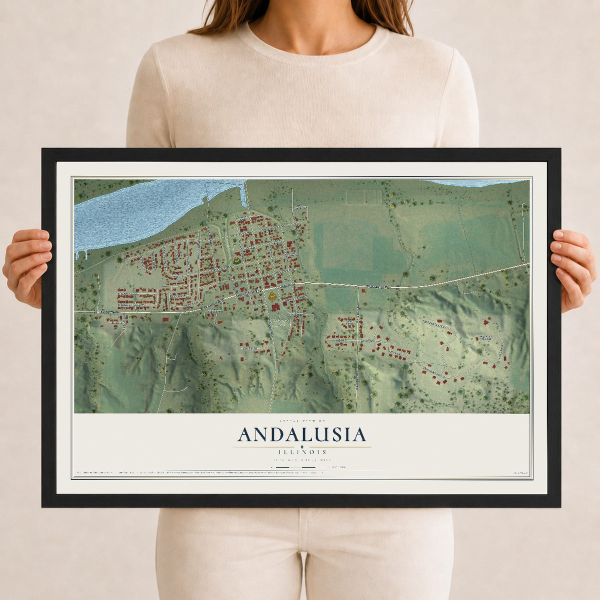 Map of Andalusia, Illinois, 12 x 18 inch print in a black wood frame