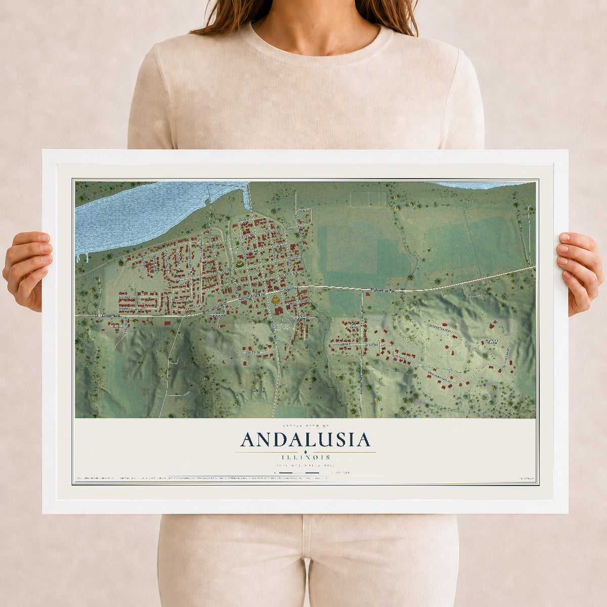 Map of Andalusia, Illinois, 12 x 18 inch print in a white wood frame