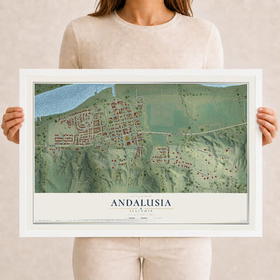 Map of Andalusia, Illinois, 12 x 18 inch print in a white wood frame