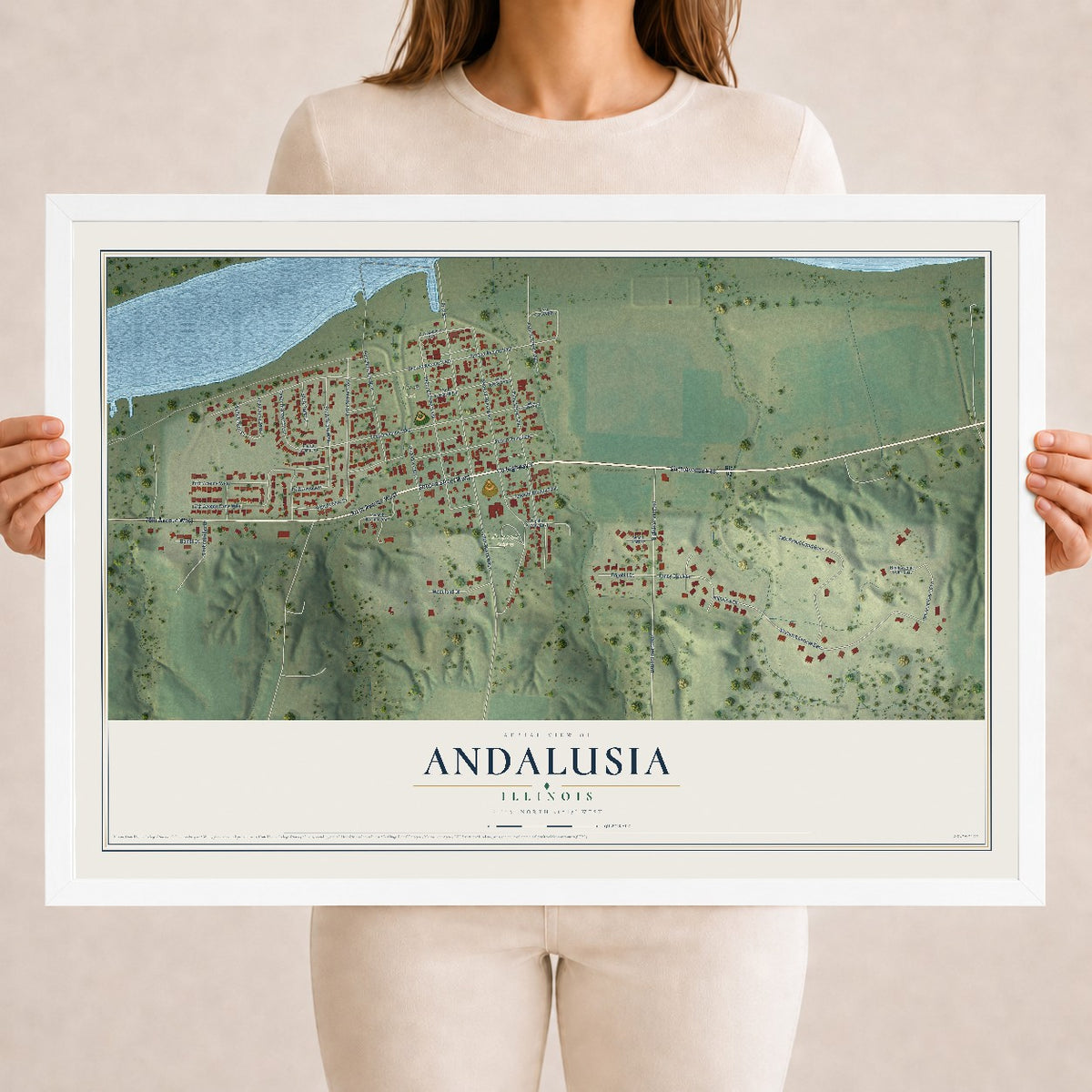 Map of Andalusia, Illinois, 18 x 24 inch print in a white wood frame