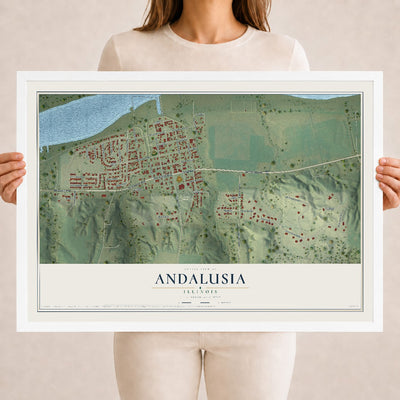 Map of Andalusia, Illinois, 18 x 24 inch print in a white wood frame