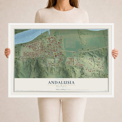 Map of Andalusia, Illinois, 24 x 36 inch print in a white wood frame