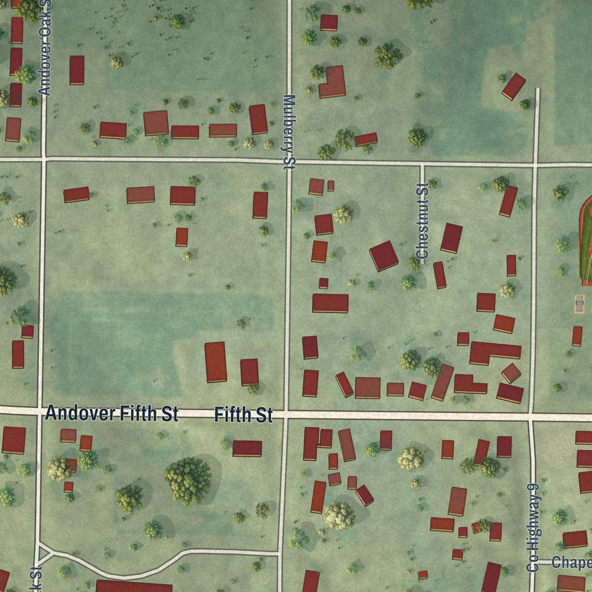 Close-up of the map of Andover, Illinois print showing street and building detail